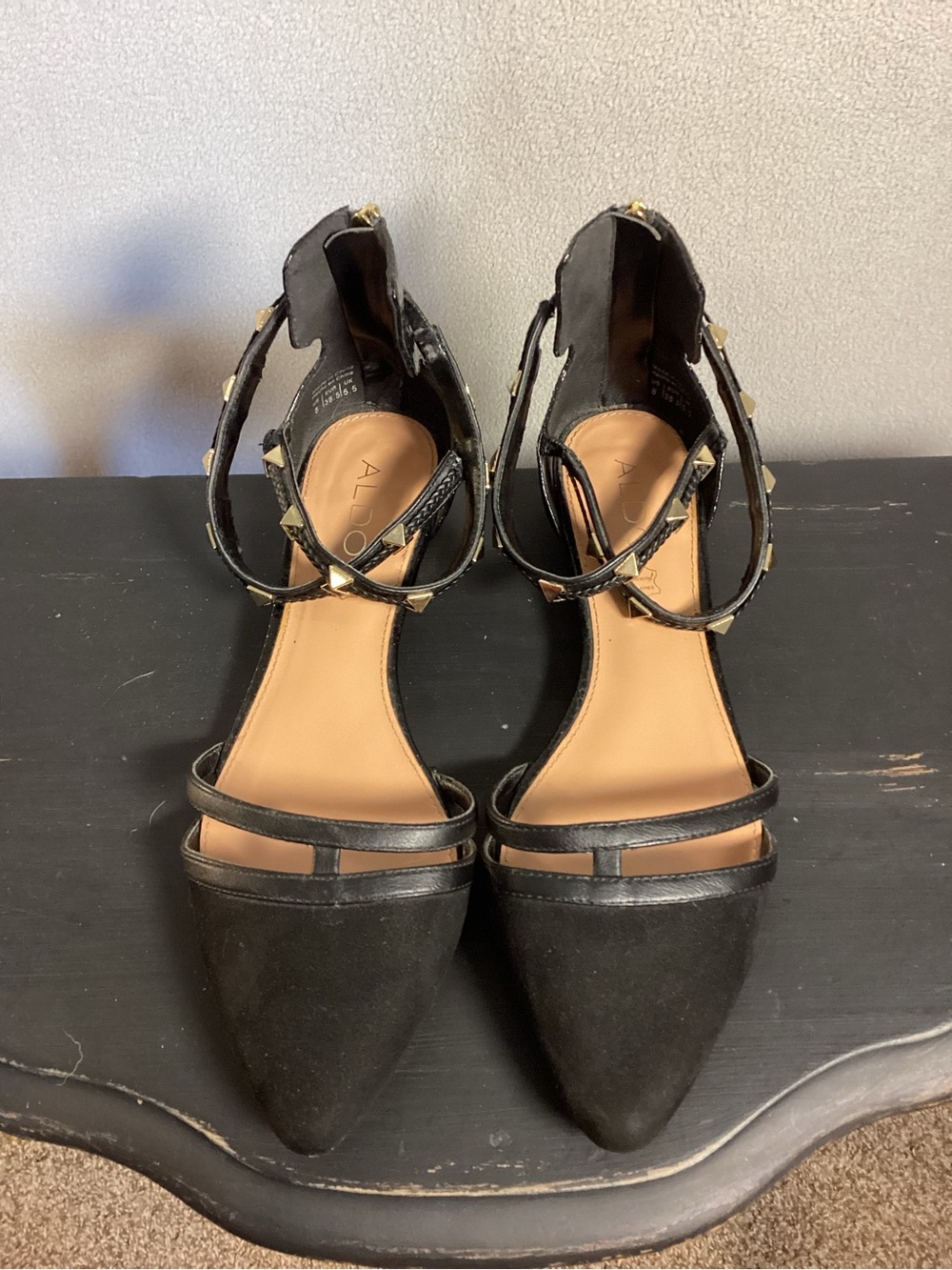 ALDO Steckler Black Pointed Toe Ankle-Strap Flats with Gold Studs Size 8